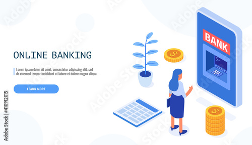 Online banking concept. Woman looks at mobile banking on the phone. Isometric web banner. Vector illustration.