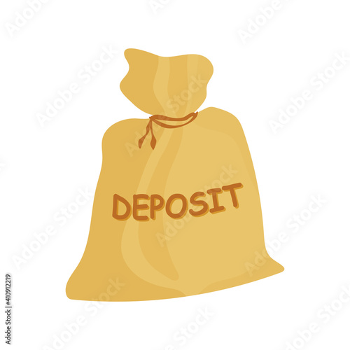 Deposit bag vector icon, sticker. Cash deposit bag flat simple cartoon illustration. Old fabric brown bag for storing savings, money, coins. Stock vector illustration isolated on a white background.