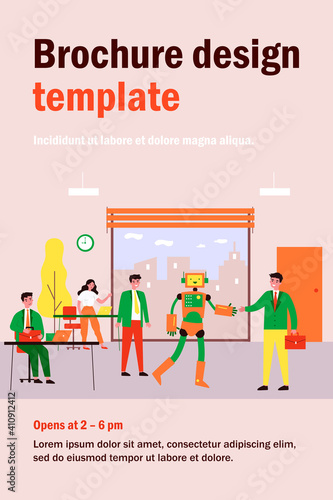 New robotic employee. Humanoid robot shaking hands with businessman in office flat vector illustration. Technology, innovation, robotics concept for banner, website design or landing web page