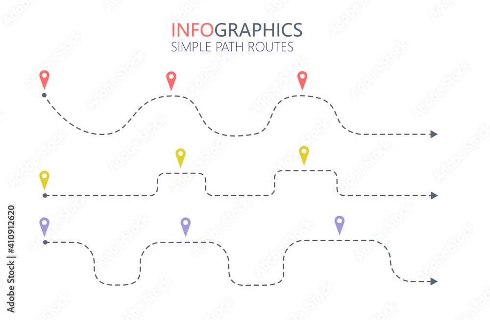 Set of simple path routes infographics template. Location map with pin points. Direction arrow dotted line. Vector eps 10 Set of simple path routes infographics template. Location map with pin points. Direction arrow dotted line. Vector eps 10