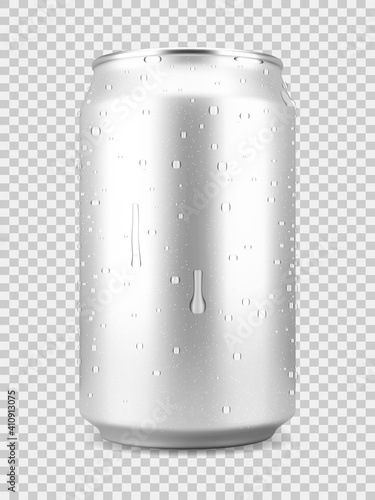 Realistic aluminum soft drink or beer can with water drops