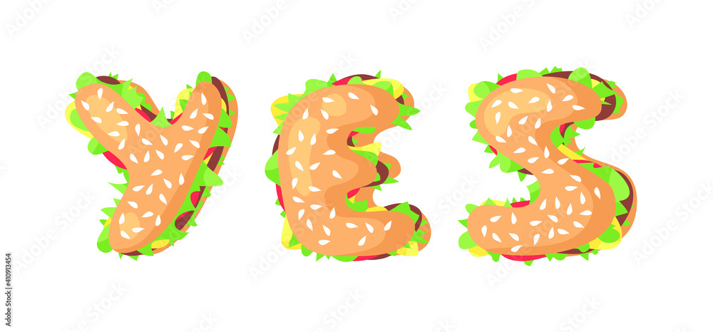 Hand Drawn Cartoon Burger Alphabet Fast Food Vector Font. Tasty Illustration Meal and Text. Flat Style Collection