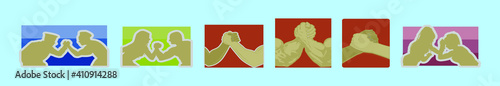 set of arm wrestling cartoon icon design template with various models. vector illustration isolated on blue background