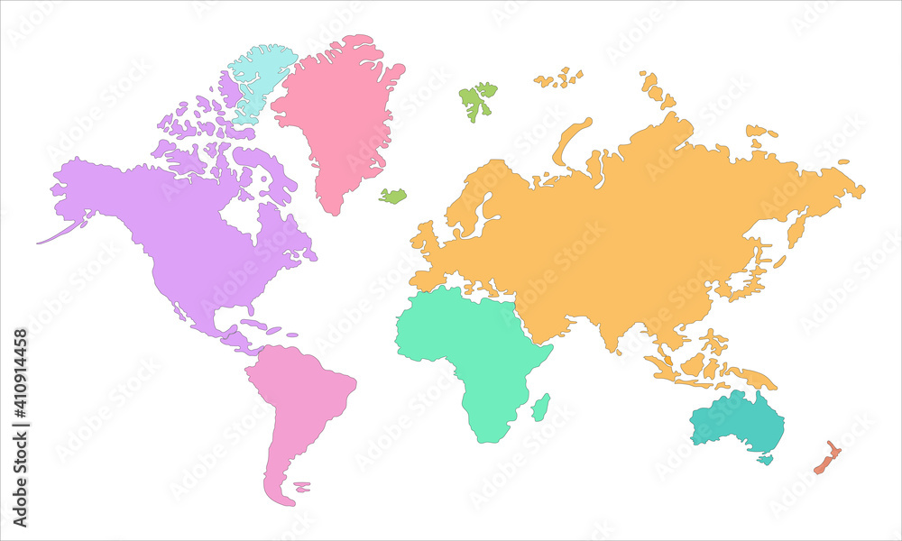 Multicolored flat blank world map. Isolated over white background. Vector graphics. Vector EPS10.