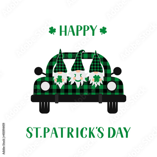 St. Patrick s day retro truck with cute cartoon gnomes. Saint Patricks day greeting card. Green buffalo plaid pickup. Vector template for banner, poster, flyer, postcard, etc