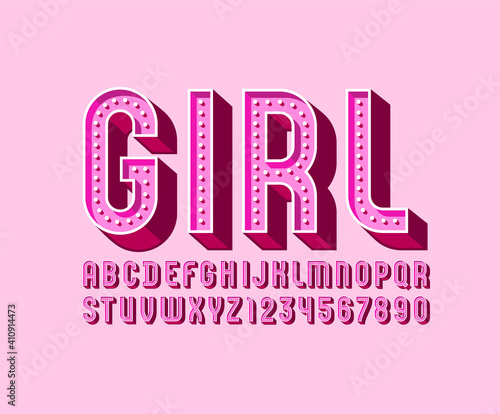 3D modern Font, pink volumetric alphabet, condensed letters and numbers with light bulbs, vector illustration 10eps