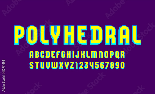 Yellow alphabet with blue stroke, beveled font, letters and numbers, vector illustration 10EPS