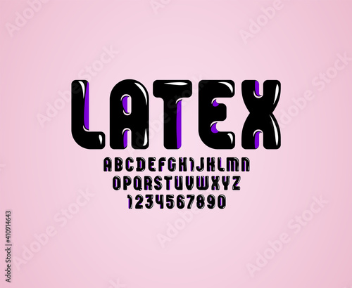 Latex black font, trendy rubber alphabet in the erotic style, modern Latin letters and Arab numbers, vector illustration 10EPS