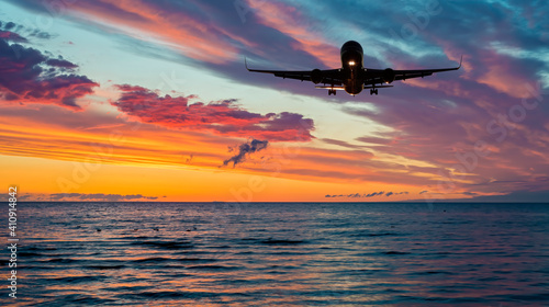Landing airplane above sea water at dawn 