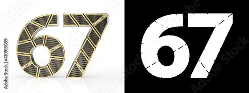 Number sixty-seven (number 67) with perforated gold segments photo