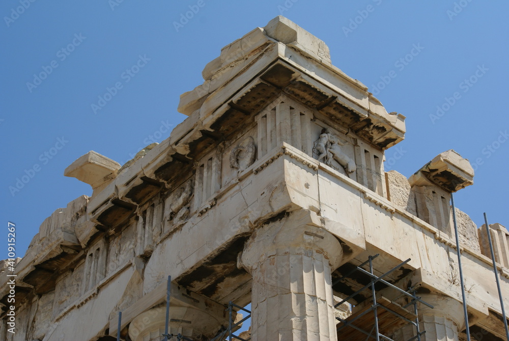 The metopes and the peristyle of the Parthenon in the Acropolis of Athens, Greece