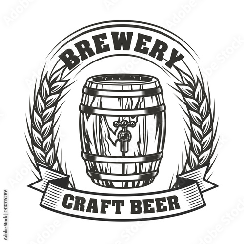 Craft beer brewery emblem design. Monochrome element with barrel and wheat ears wreath vector illustration with text. Alcohol and brewing concept for symbols and labels templates