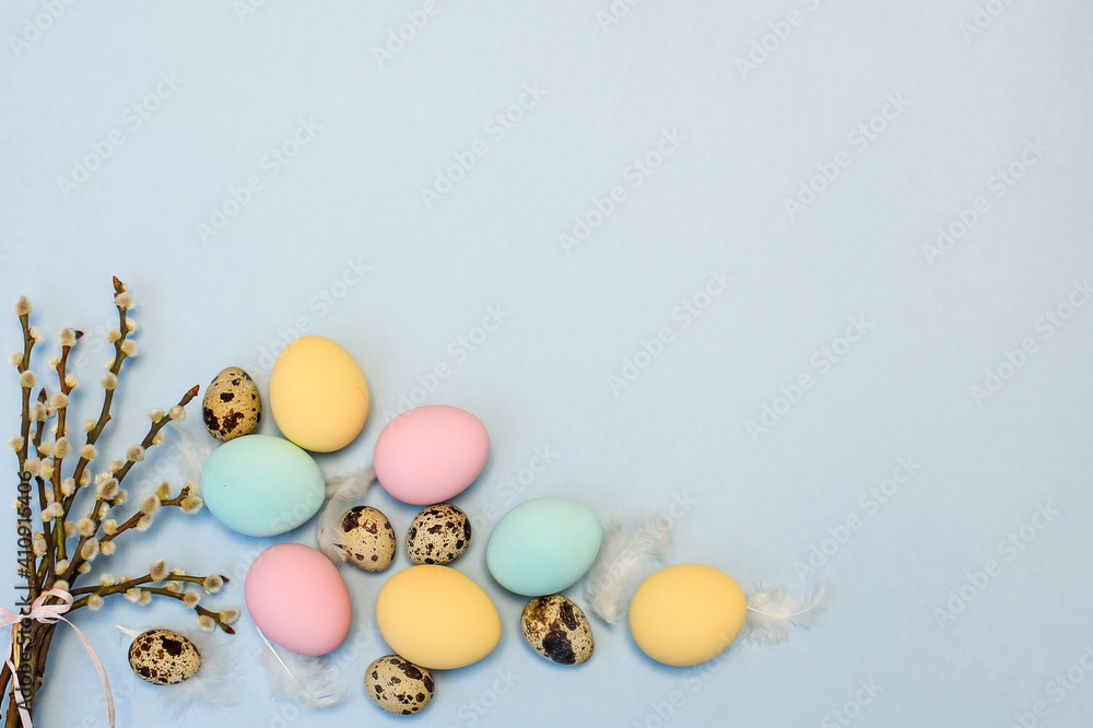 Top view of colored Easter eggs with a copy of the space Top view of colored Easter eggs with a copy of the space