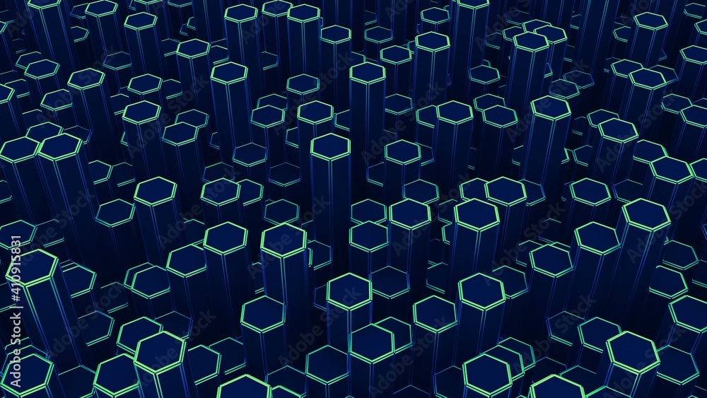Blue and green hexagonal abstract background. Geometric simple objects. Hexagonal columns. 3d rendering. Sci-fi illustration. High resolution. Blue and green hexagonal abstract background. Geometric simple objects. Hexagonal columns. 3d rendering. Sci-fi illustration. High resolution.
