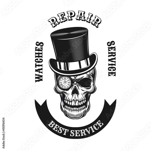 Watches repair emblem design. Monochrome element with skull in top hat and clock in eye hole vector illustration with text. Watchmaker shop and service concept for symbols and labels templates