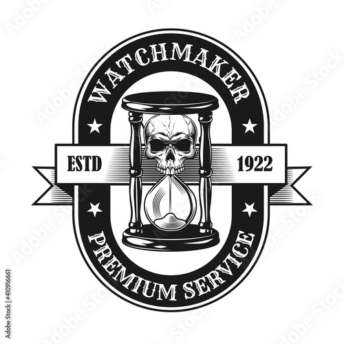 Watchmaker symbol design. Monochrome element with skull in sandglass vector illustration with text. Watchshop and service concept for emblems and labels templates