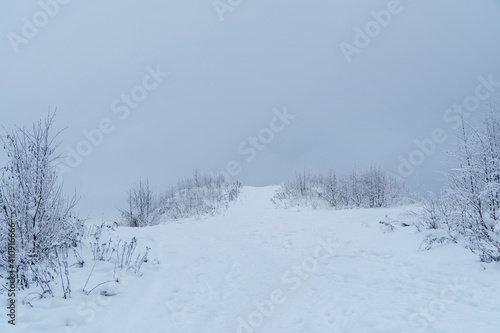 Landscape disappears into fog of a snow veil on a winter on top of hill