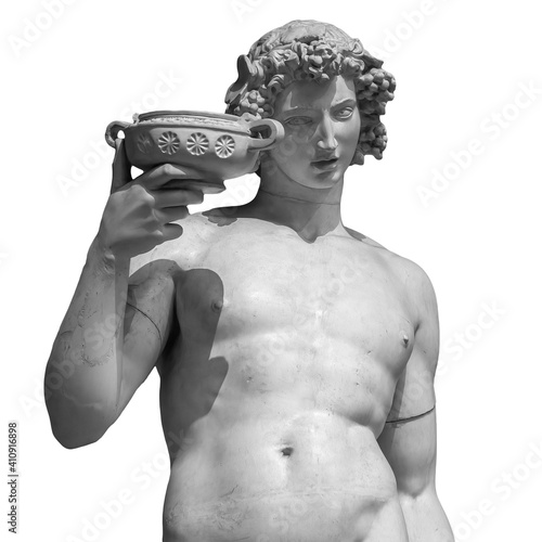 Ancient statue of Dionysus isolated on a white background. Dionysus is the God of the grape harvest, wine and merriment. Also known as Bacchus photo