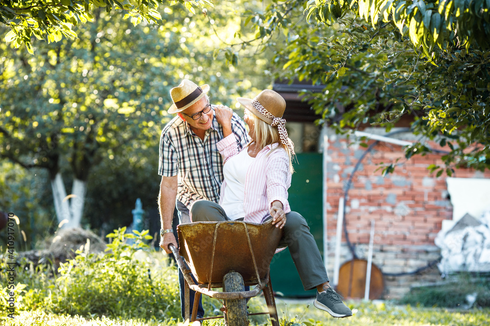 An old man drives his wife in a garden cart. They're making fun and joying at the backyard. An old man drives his wife in a garden cart. They're making fun and joying at the backyard.