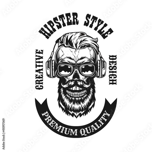Stylish hipster with headphones label vector illustration. Retro black emblem with bearded skull in glasses for music festival. Hipster lifestyle concept can be used for retro template