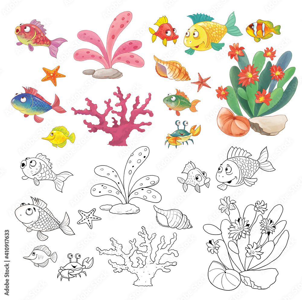 The little mermaid. Fairy tale. Coloring page. Illustration for children. Cute and funny cartoon characters isolated on white background The little mermaid. Fairy tale. Coloring page. Illustration for children. Cute and funny cartoon characters isolated on white background