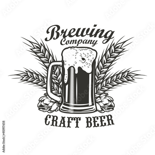 Brewing company emblem design. Monochrome element with glass of beer, hops and wheat ears vector illustration with text. Alcohol and bar concept for symbols and labels templates