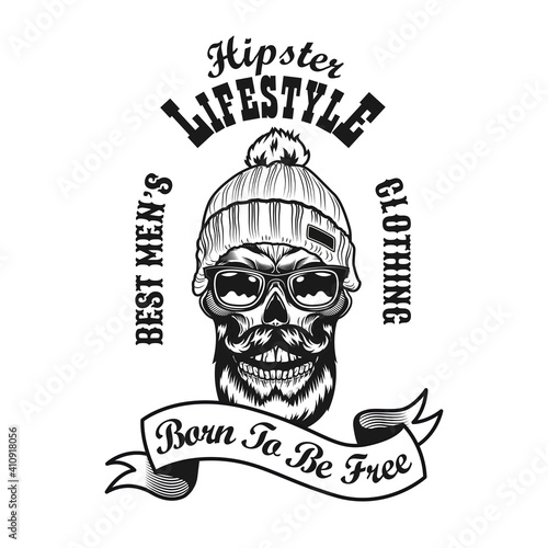 Retro hipster in warm hat vector illustration. Monochrome emblem with bearded skull in glasses and knitted hat on white background. Hipster lifestyle concept can be used for retro template