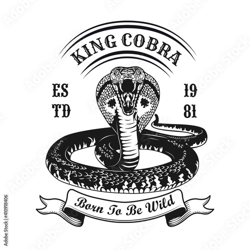 King cobra symbol design. Monochrome element with aggressive snake vector illustration with text. Aggression or horror concept for emblems and labels templates photo
