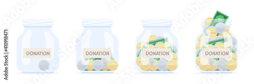 Donation banks with money coins and banknotes. The concept of charity, social assistance. Accumulation of tips and donations. Vector illustration isolated on white background