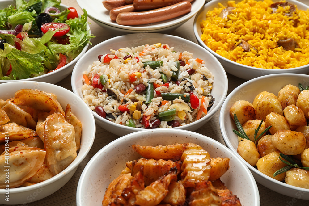 Different delicious dishes on table, closeup. Buffet service