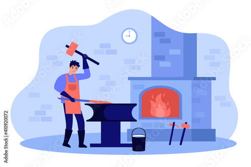 Professional blacksmith working with sledge hammer flat vector illustration. Cartoon male smith doing metalwork and forging on anvil. Hard job and workshop concept