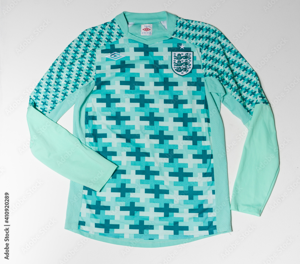 bath, uk, 05.05.2020 An England national soccer football team 2011 to 2012  goalkeeper football shirt jersey umbro Tailored by Umbro rare long sleeve  version. embroidered three lion badge Stock Photo | Adobe Stock