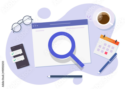 Analyze research online or internet web inspect of digital website information concept vector flat cartoon illustration, audit service or search engine optimization of page content, expertise idea