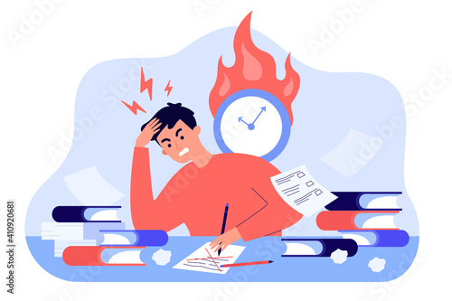 Male student learning before exams or writing test flat vector illustration. Cartoon angry character doing hard assignments and preparing for module work. Study and knowledge concept