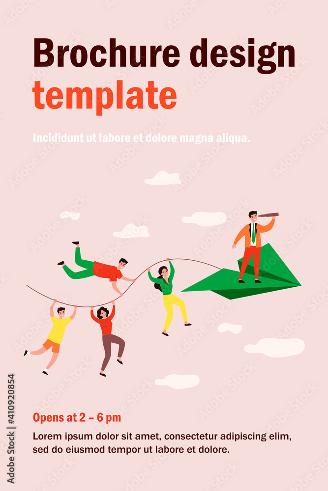 Business team and teamwork metaphor. People holding rope of paper airplane, team leader with spyglass standing in front. Vector illustration for business, planning, challenge concept