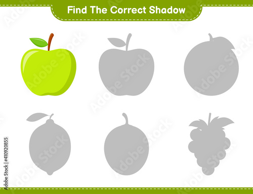 Find the correct shadow. Find and match the correct shadow of Apple. Educational children game, printable worksheet, vector illustration