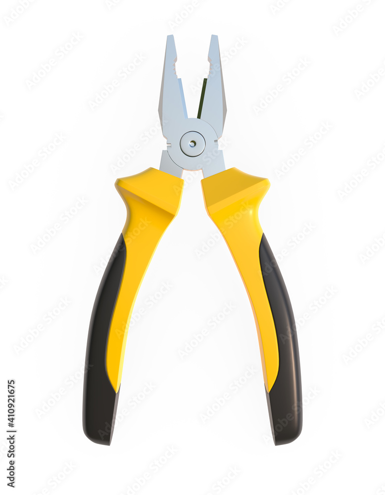 Yellow-black pliers isolated on white background. Repair and installation tool. 3d render illustration Yellow-black pliers isolated on white background. Repair and installation tool. 3d render illustration