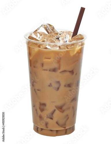 Iced coffee in disposable to go cup or coffee latte in take away or to go cup isolated on white background including clipping path