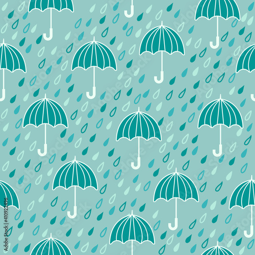 Seamless vector pattern with umbrellas, clouds and rain drops. Scandinavian style background.