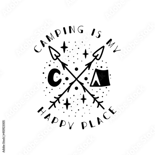 Camping badge design. Camping crest logo with tent, Luna and quote - Camping is my happy place. Travel label isolated. Sacred geometry. Stock vector tattoo graphics emblem