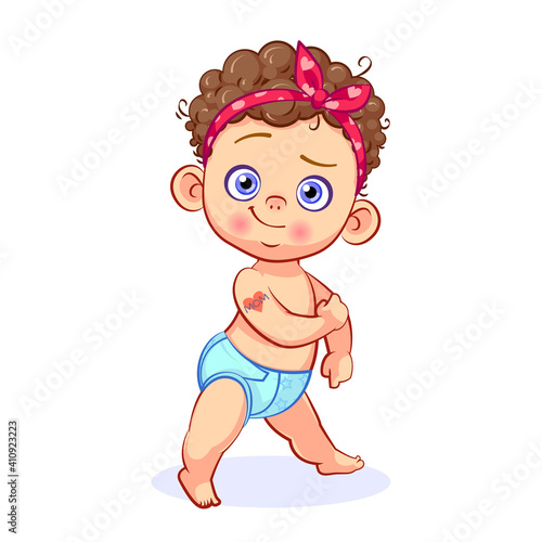 Cool strong baby girl with a tattoo "red heart, mom" on her shoulder, a parody of the retro poster "We can do it!". Cartoon vector illustration with a funny toddler in diaper.