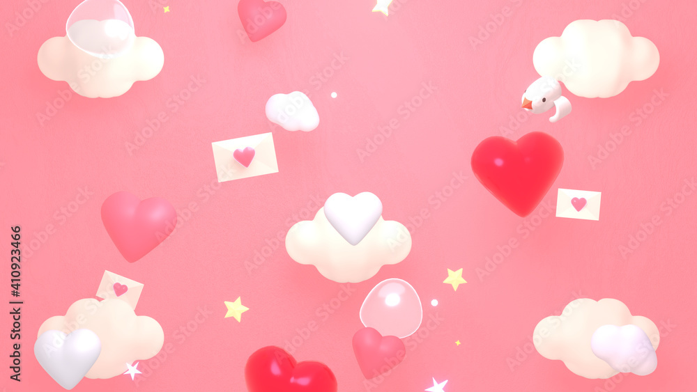 Cartoon love mail delivery bird flying in the pink sky. Happy Valentine's Day greeting card. 3d rendering picture.
