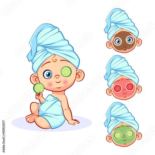 Cute vector child gets a spa treatment. The choice of a few baby heads with different facials and eye compress.