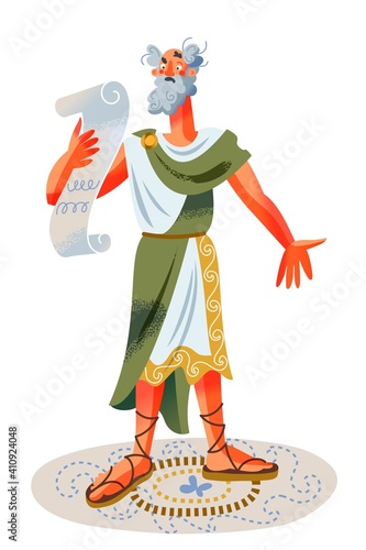 Ancient Roman empire man reading scroll of paper. Rome history and culture vector illustration. Old senator with beard in toga and sandals standing and talking on white background