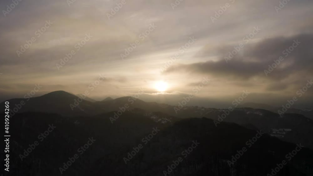 Aerial view of Zumberak mountain range during a scenic winter sunset, Croatia. Aerial view of Zumberak mountain range during a scenic winter sunset, Croatia.