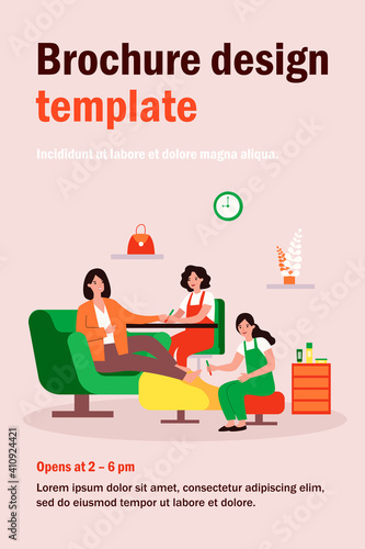 Lady visiting beauty salon for manicure and pedicure. Nail technicians and female client. Vector illustration for beauty care, industry, business concept