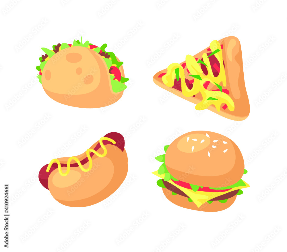 Hand Drawn Cartoon Illustration Tacos, Pizza, Hot Dog, Burger. Fast ...