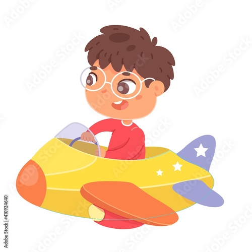 Boy riding in amusement park in plane carousel. Happy child sitting in seat moving in roundabout vector illustration. Kid having fun in summer carnival or fair on white background