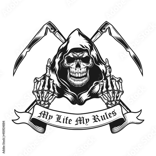 Retro emblem with grim reaper showing middle fingers. Monochrome design element with skeleton, crossed scythe, fuck off gesture and text. Expression concept for tattoo, stamp, print template