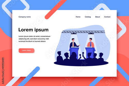 Political opponents arguing on debates. Two politicians speaking on stage before audience and journalists. Vector illustration for politics, controversy, president election concept